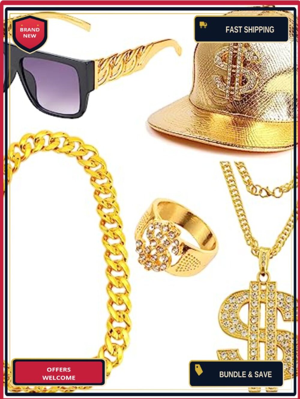 Hip Hop Costume Accessory Set Rapper Sunglasses Chain Hat Ring